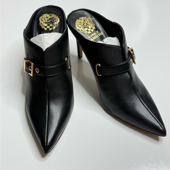 Vince Camuto Shoes - Vince Camuto Black Leather Mules with Gold Buckle